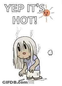 A Cartoon Of A Girl Standing In The Sun With The Words `` Yep It 'S Hot '' Written Above Her . GIF