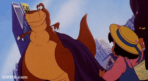 A Cartoon Of A Girl Standing Next To A Dinosaur With A Sign That Says ' Let 'S Go ' GIF