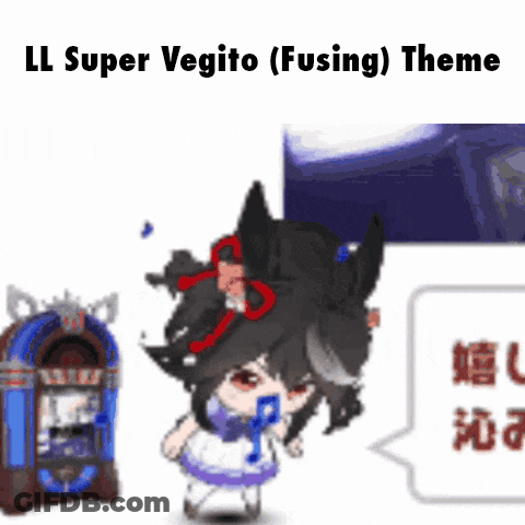 A Cartoon Of A Girl Standing Next To A Jukebox With The Words Ll Super Vegito ( Fusing ) Theme GIF