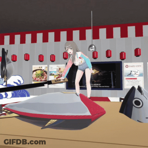 A Cartoon Of A Girl Standing Next To A Large Fish With A Sign That Says Yaizu City On It GIF