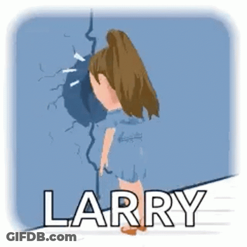 A Cartoon Of A Girl Standing Next To A Wall With The Word Larry Written On It . GIF