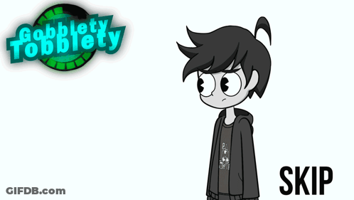 A Cartoon Of A Girl Standing Next To The Word Skip GIF