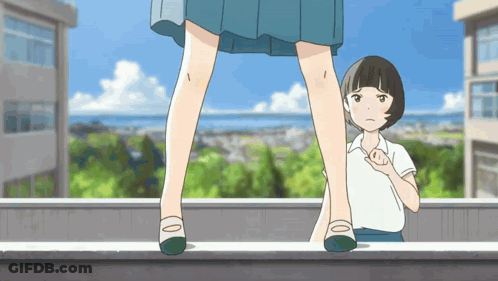 A Cartoon Of A Girl Standing On A Balcony With A Boy Standing Next To Her GIF