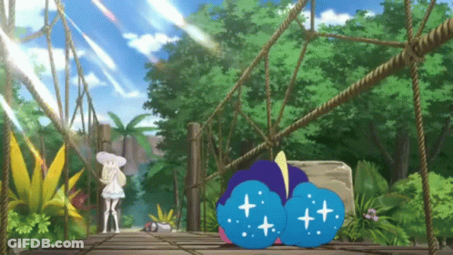 A Cartoon Of A Girl Standing On A Bridge With A Blue Object With A Star On It GIF