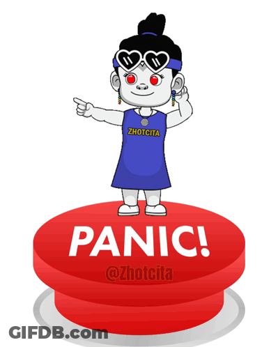 A Cartoon Of A Girl Standing On A Red Panic Button GIF