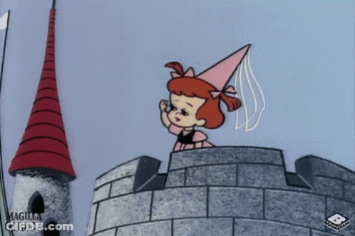 A Cartoon Of A Girl Standing On Top Of A Castle With The Words Magilla Gorilla On The Bottom GIF