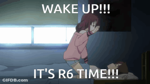 A Cartoon Of A Girl Standing Over A Sleeping Man With The Words Wake Up It 'S R6 Time GIF