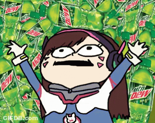 A Cartoon Of A Girl Surrounded By Mountain Dew Cans GIF