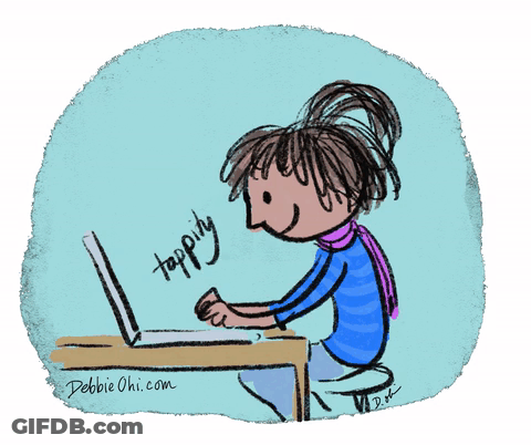 A Cartoon Of A Girl Typing On A Laptop With The Website Debbieohi.com Visible GIF