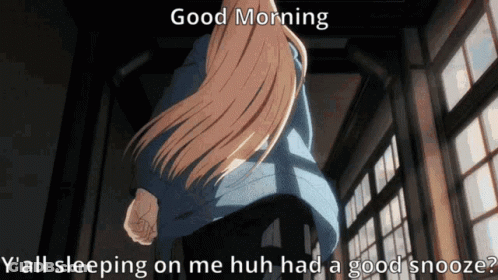 A Cartoon Of A Girl Walking Down A Hallway With The Words Good Morning Y All Sleeping On Me Huh Had A Good Snooze GIF