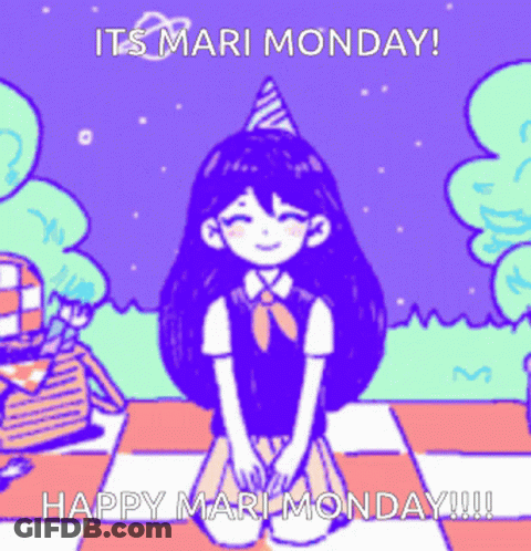 A Cartoon Of A Girl Wearing A Party Hat With The Words It 'S Mari Monday Happy Mari Monday Written Below Her GIF