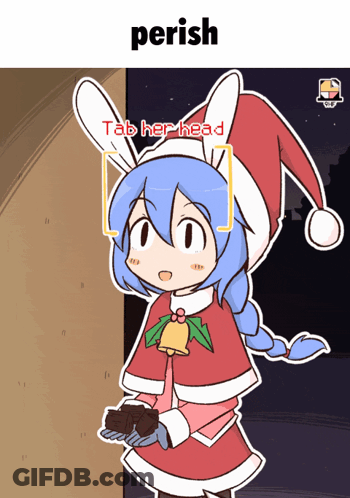 A Cartoon Of A Girl Wearing A Santa Hat And Holding A Brownie Says Perish Tab Her Head GIF