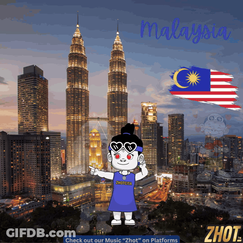 A Cartoon Of A Girl Wearing A Zhotcha Shirt In Front Of A Malaysian Flag GIF