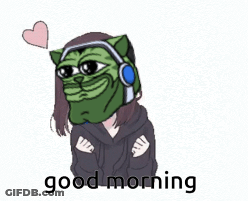 A Cartoon Of A Girl Wearing Headphones And A Frog Mask With The Words Good Morning Written Below It GIF