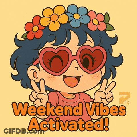 A Cartoon Of A Girl Wearing Heart Shaped Sunglasses With The Words Weekend Vibes Activated Below Her GIF