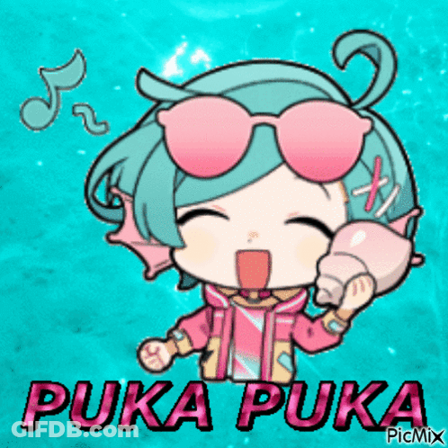 A Cartoon Of A Girl Wearing Sunglasses And Holding A Seashell With The Words Puka Puka On The Bottom GIF