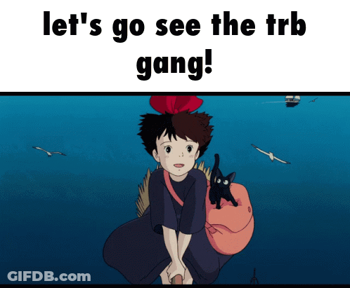 A Cartoon Of A Girl With A Black Cat On Her Back And The Words Let 'S Go See The Trb Gang GIF