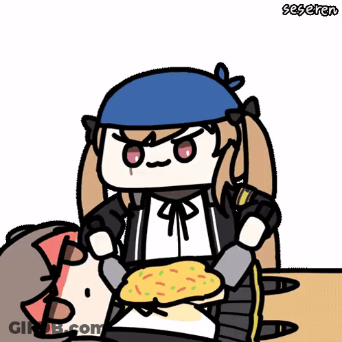 A Cartoon Of A Girl With A Blue Hat Holding A Pizza In Her Hands GIF