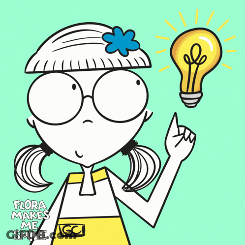 A Cartoon Of A Girl With A Light Bulb Above Her Head And The Words Flora Makes Me Smile GIF