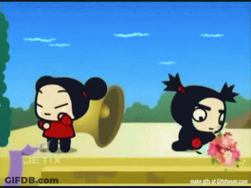 A Cartoon Of A Girl With A Megaphone And Another Girl With Flowers GIF