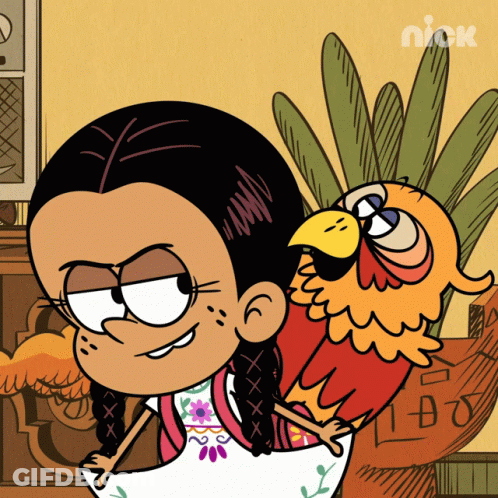 A Cartoon Of A Girl With A Parrot On Her Shoulder With The Nick Logo On The Bottom GIF