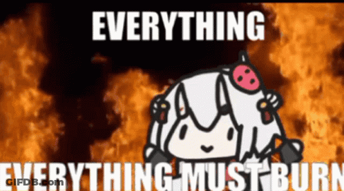 A Cartoon Of A Girl With A Pig On Her Head Says Everything Must Burn GIF