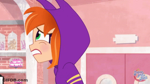 A Cartoon Of A Girl With A Purple Hoodie And The Words Super Heroes Girls On The Bottom GIF