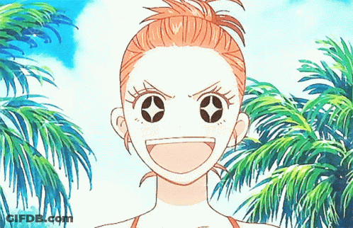 Girl With Star In Eyes Standing In Front Of Palm Trees GIF