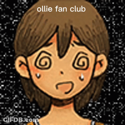 A Cartoon Of A Girl With A Swirl Around Her Eyes And The Words Ollie Fan Club Above Her GIF