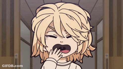 A Cartoon Of A Girl With Blonde Hair Yawning And Covering Her Mouth With Her Hand GIF