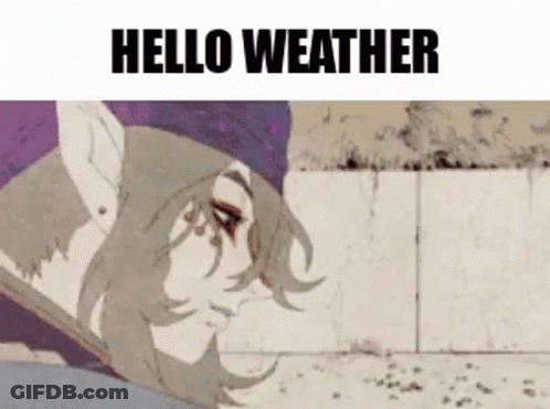 A Cartoon Of A Girl With Blood On Her Face And The Words `` Hello Weather '' Written On The Bottom . GIF