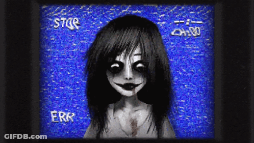 A Cartoon Of A Girl With Blood On Her Face Is On A Screen With A Blue Background And The Words Error And Stop On It GIF