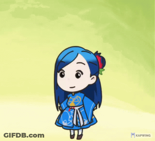 A Cartoon Of A Girl With Blue Hair And A Rose In Her Hair GIF