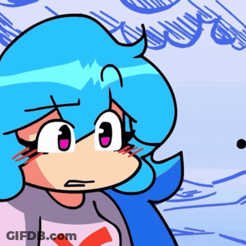 A Cartoon Of A Girl With Blue Hair And A Shirt That Says X On It GIF