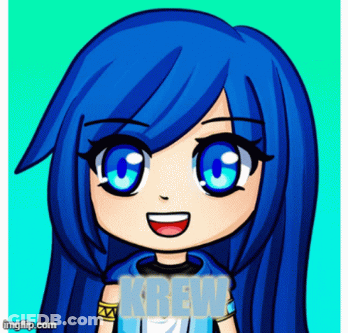A Cartoon Of A Girl With Blue Hair And The Name Krew On It GIF