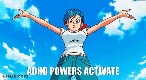 A Cartoon Of A Girl With Blue Hair And The Words " Adhd Powers Activate " Below Her GIF