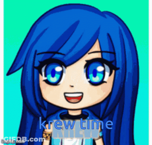 A Cartoon Of A Girl With Blue Hair And The Words Krew Time On The Bottom GIF