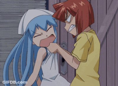 A Cartoon Of A Girl With Blue Hair Kissing A Man 'S Hand GIF