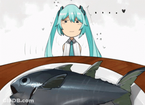 A Cartoon Of A Girl With Blue Hair Looking At A Large Fish On A Plate GIF