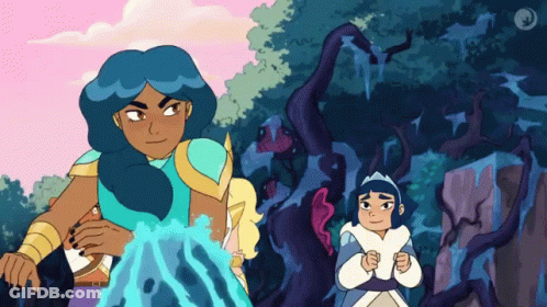 A Cartoon Of A Girl With Blue Hair Standing Next To Another Girl With Blue Hair GIF