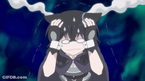 A Cartoon Of A Girl With Cat Ears Holding Her Head With Smoke Coming Out Of Her Head GIF