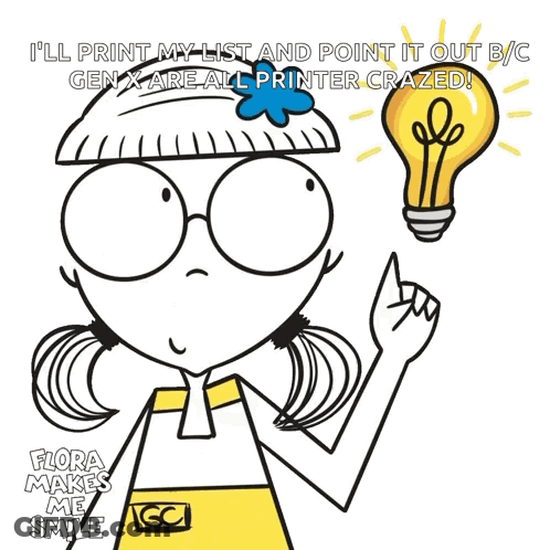 A Cartoon Of A Girl With Glasses And A Light Bulb With The Words Flora Makes Me Smile GIF