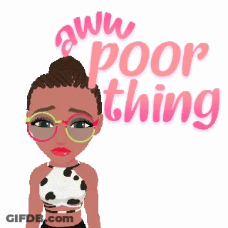 A Cartoon Of A Girl With Glasses And The Words " Aww Poor Thing " Behind Her GIF