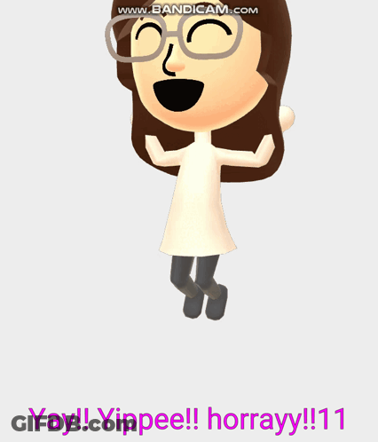 A Cartoon Of A Girl With Glasses And The Words Yay ! Yippee ! Horray !! 11 GIF