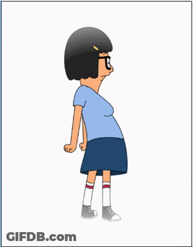 A Cartoon Of A Girl With Glasses Standing In Front Of A Row Of Pink Hearts GIF