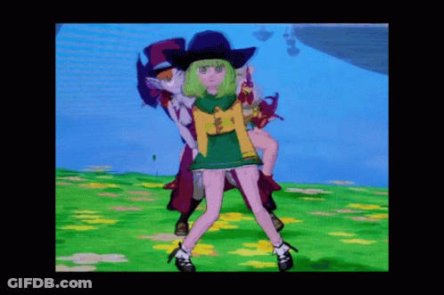 A Cartoon Of A Girl With Green Hair And A Purple Hat GIF