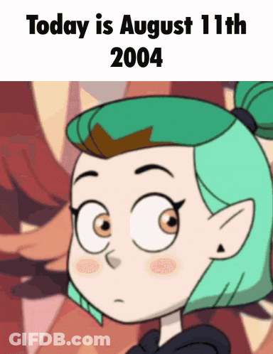 A Cartoon Of A Girl With Green Hair And The Date August 11Th 2004 GIF