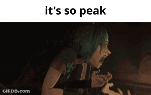 A Cartoon Of A Girl With Green Hair And The Words It 'S So Peak GIF