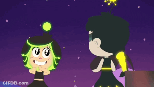 A Cartoon Of A Girl With Green Hair Standing Next To Another Girl With Black Hair GIF