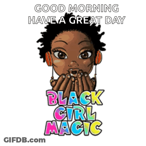 A Cartoon Of A Girl With Headphones And The Words " Good Morning Have A Great Day " GIF